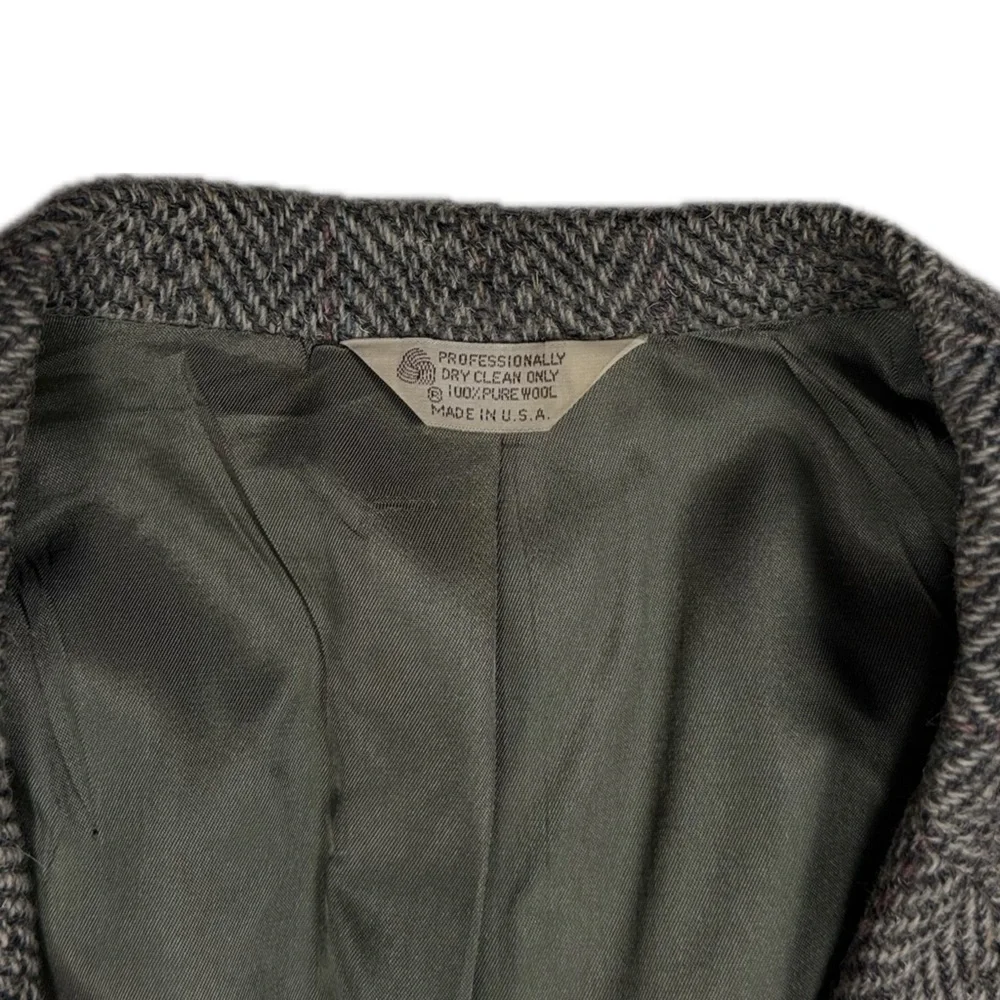Vtg 70s British Wool Made in USA grey herringbone tweed blazer jacket men's‎ 42R
